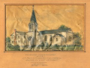 Architect drawing of proposed new building; date unknown.